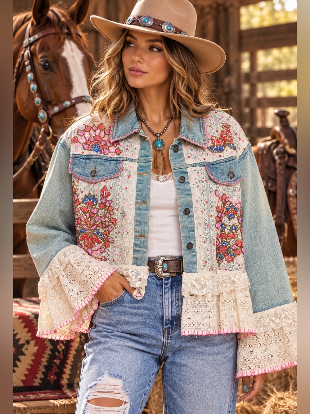 POL denim beaded sequin boho western lace patchwork floral jean jacket coat